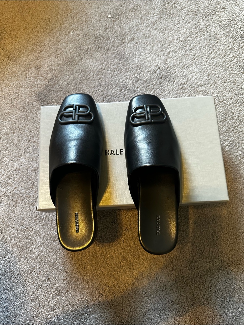 Balenciaga Black Leather BB Logo Slide Loafers